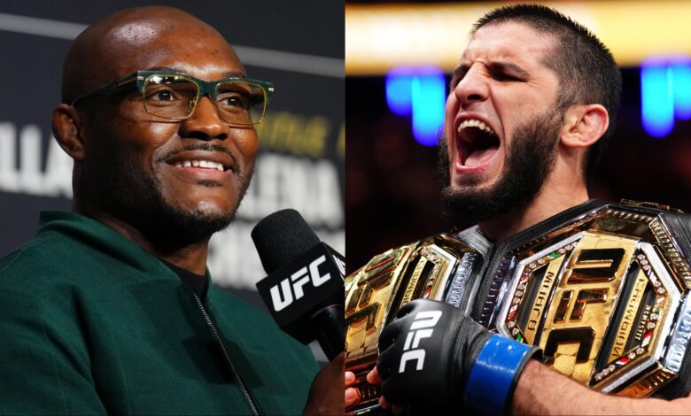 Kamaru Usman speaks at a UFC 322 Q&A, opposite Islam Makhachev celebrating with two UFC belts