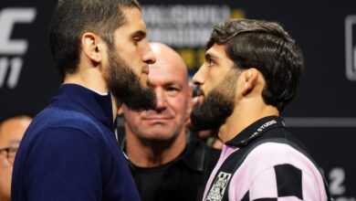 Islam Makhachev and Arman Tsarukyan face off at a UFC 311 press conference
