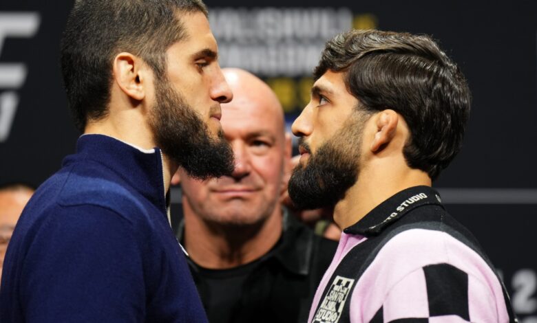 Islam Makhachev and Arman Tsarukyan face off at a UFC 311 press conference