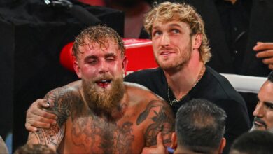 Jake Paul and Logan Paul embrace after Jake's fight against Anthony Joshua