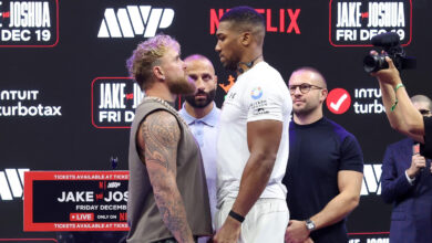 Jake Paul and Anthony Joshua staredown