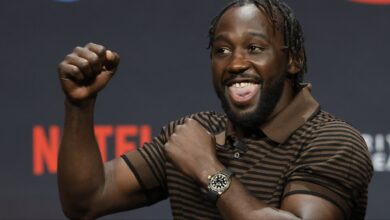 Terence Crawford appears at a pre-fight press conference for his fight against Canelo Alvarez