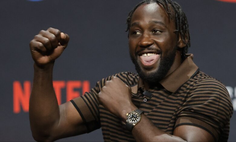 Terence Crawford appears at a pre-fight press conference for his fight against Canelo Alvarez