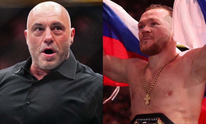 Joe Rogan reacts in the cage at UFC 300, opposite Petr Yan celebrating after a win