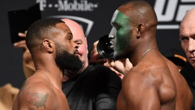 Tyron Woodley and Kamaru Usman face off at the UFC 235 ceremonial weigh-in