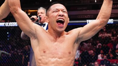Kyoji Horiguchi celebrates after a win at UFC Qatar