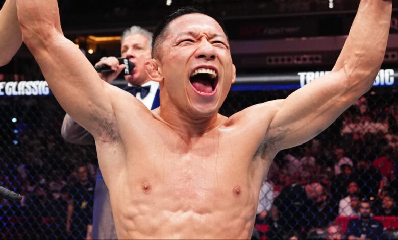 Kyoji Horiguchi celebrates after a win at UFC Qatar