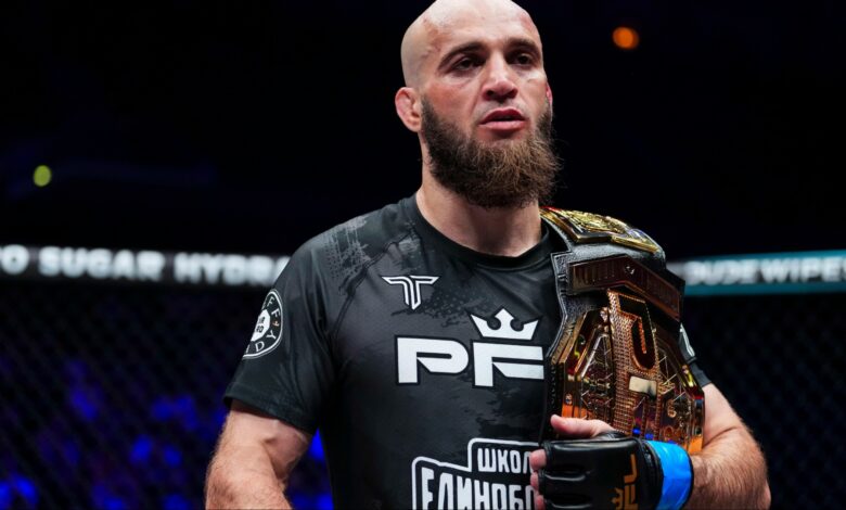 Movlid Khaybulaev celebrates after a win at a PFL event