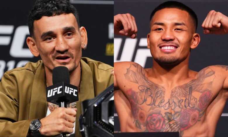 Max Holloway speaks at the UFC 318 press conference, opposite Joshua Van at the UFC 323 weigh-in