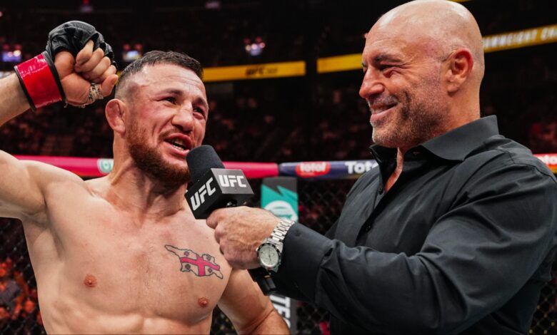 Merab Dvalishvili speaks with Joe Rogan after his victory at UFC 320