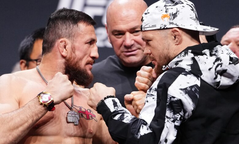 Merab Dvalishvili and Petr Yan face off at the UFC 323 ceremonial weigh-in