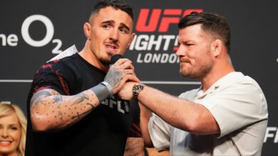 Tom Aspinall speaks with Michael Bisping at the UFC London ceremonial weigh-in