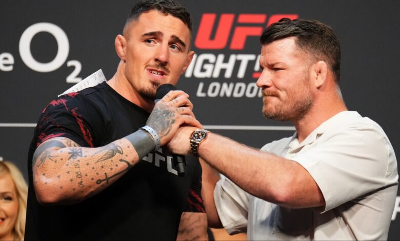 Tom Aspinall speaks with Michael Bisping at the UFC London ceremonial weigh-in