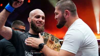 Movlid Khaybulaev celebrates with Khabib Nurmagomedov