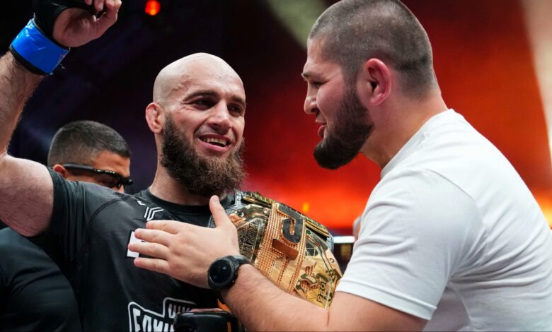Movlid Khaybulaev celebrates with Khabib Nurmagomedov