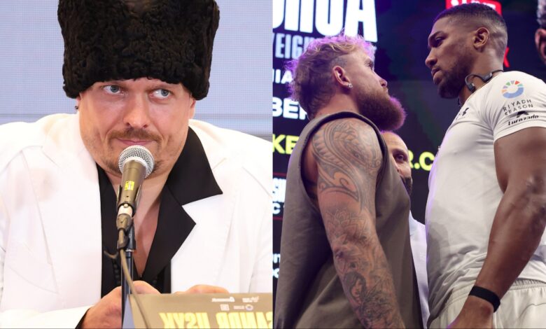 Oleksandr Usyk appears at a press conference, opposite Jake Paul and Anthony Joshua facing off