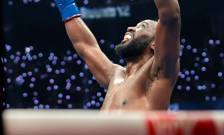 Terence Crawford celebrates after his fight against Canelo Alvarez