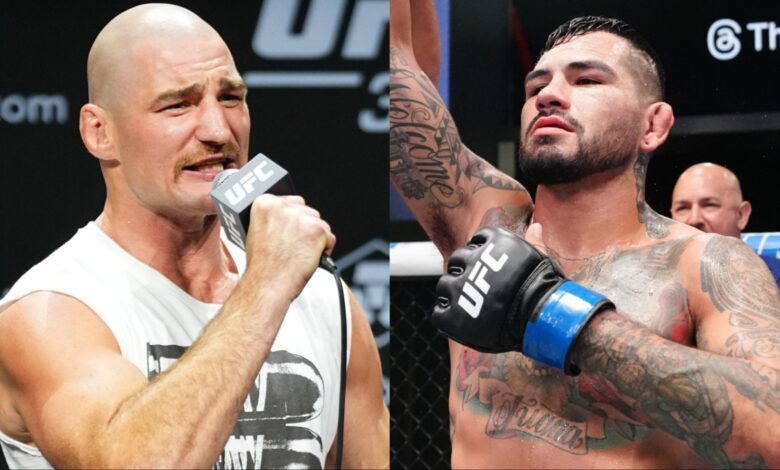 Sean Strickland speaks at the UFC 312 press conference, opposite Anthony Hernandez after his win over Roman Dolidze