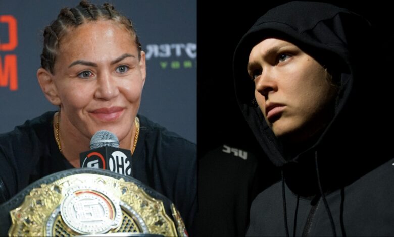 Cris Cyborg speaks at a Bellator press conference, opposite Ronda Rousey walking to the Octagon