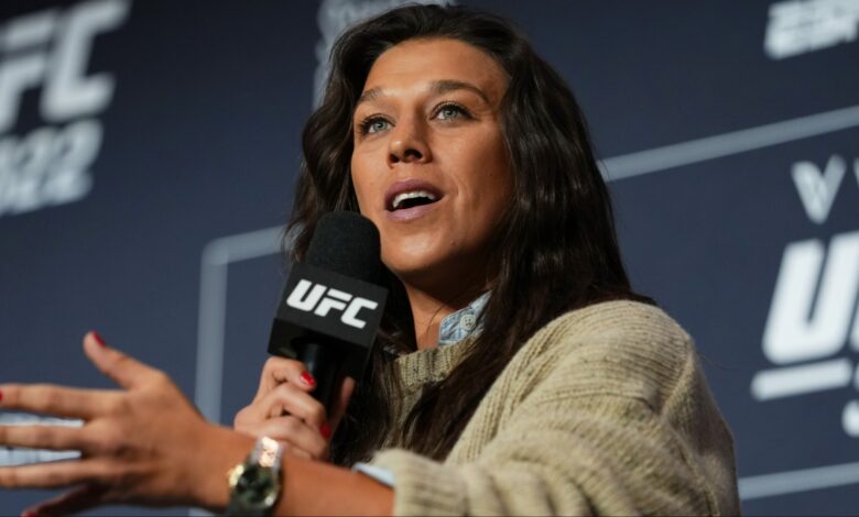 Joanna Jedrzejczyk speaks during a panel at UFC 322