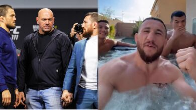 Merab Dvalishvili faces off with Umar Nurmagomedov, opposite Dvalishvili in a jacuzzi