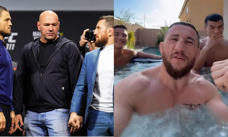 Merab Dvalishvili faces off with Umar Nurmagomedov, opposite Dvalishvili in a jacuzzi