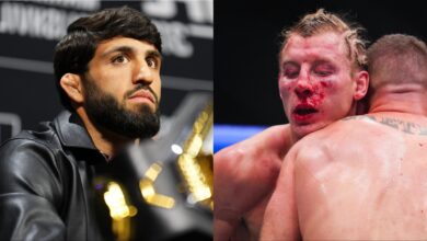 Arman Tsarukyan at the UFC 311 press conference, opposite Paddy Pimblett grappling Justin Gaethje