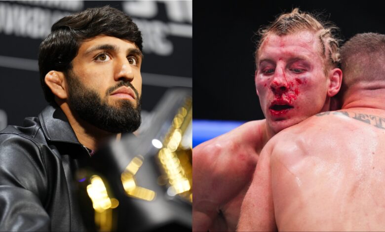 Arman Tsarukyan at the UFC 311 press conference, opposite Paddy Pimblett grappling Justin Gaethje