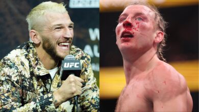 Dan Hooker speaks at a press conference, opposite Paddy Pimblett after UFC 324