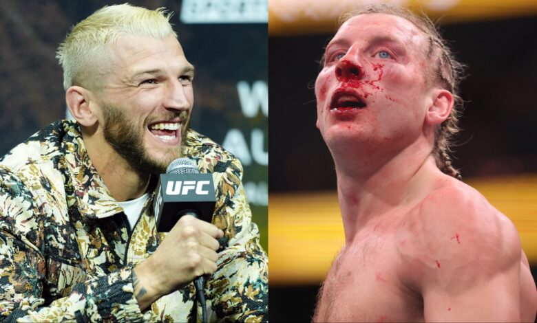 Dan Hooker speaks at a press conference, opposite Paddy Pimblett after UFC 324