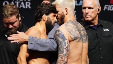 Arman Tsarukyan headbutts Dan Hooker during the UFC Qatar ceremonial weigh-in