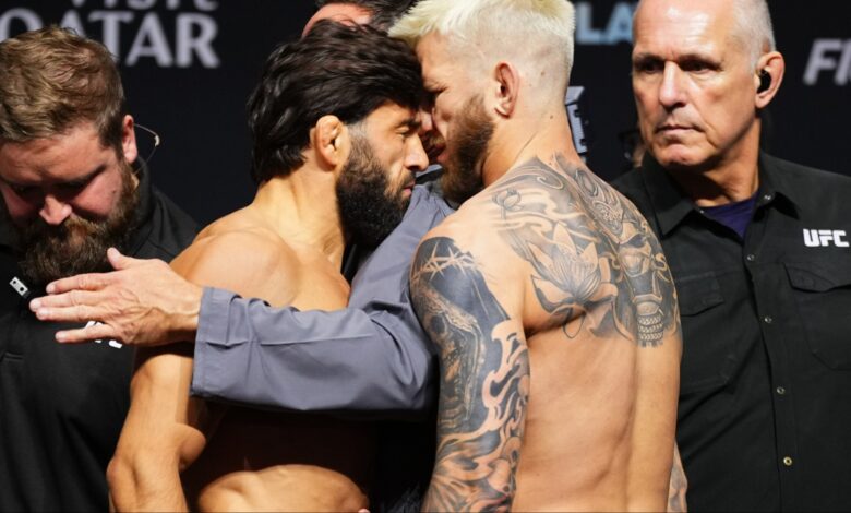 Arman Tsarukyan headbutts Dan Hooker during the UFC Qatar ceremonial weigh-in