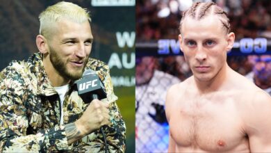 Dan Hooker speaks at the UFC 305 press conference, opposite Paddy Pimblett in the cage at UFC 314