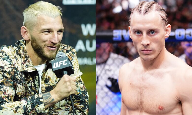 Dan Hooker speaks at the UFC 305 press conference, opposite Paddy Pimblett in the cage at UFC 314