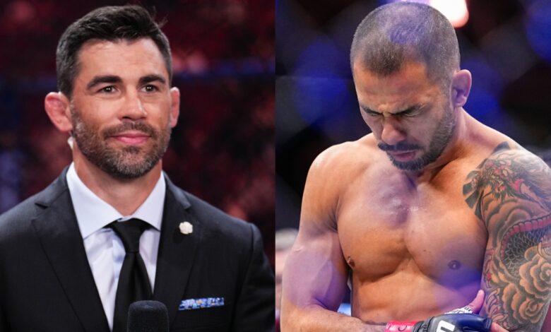 Dominick Cruz commentating at a UFC event, opposite Alexandre Pantoja after an injury at UFC 323