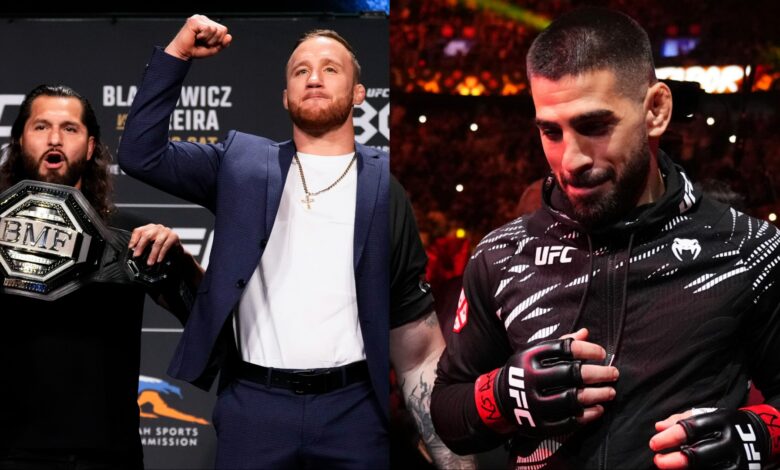 Justin Gaethje and Jorge Masvidal at the UFC 291 press conference, opposite Ilia Topuria walking out at UFC 317