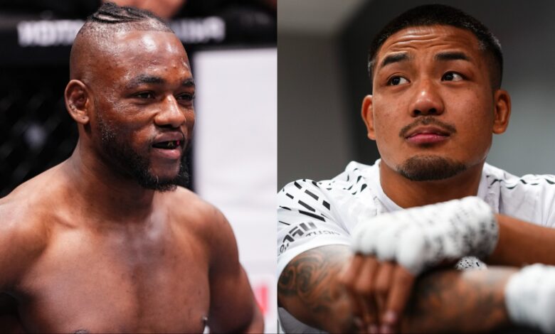 Manel Kape celebrates a win over Brandon Royval, opposite Joshua Van backstage at UFC 323