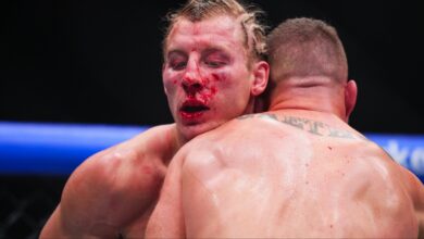 Paddy Pimblett grapples with Justin Gaethje at UFC 324