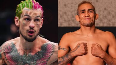 Sean O'Malley fights at UFC 324, opposite Tony Ferguson posing on the scale