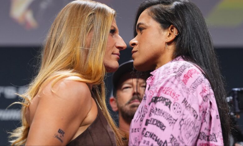 Kayla Harrison and Amanda Nunes face off at a UFC 324 press conference