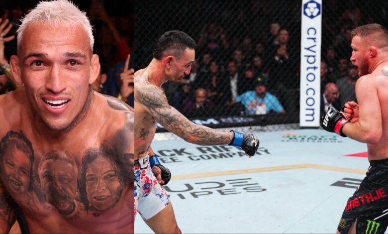 Charles Oliveira enters the Octagon, opposite Max Holloway and Justin Gaethje