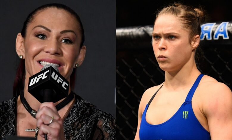 Cris Cyborg at the UFC 232 press conference, opposite Ronda Rousey