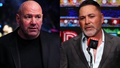 Dana White cageside at UFC 324, opposite Oscar De La Hoya at a press conference
