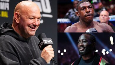 Dana White at a press conference, opposite Joaquin Buckley and Terence Crawford