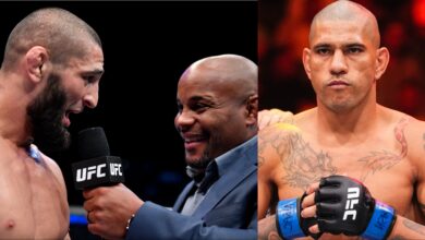 Khamzat Chimaev being interviewed by Daniel Cormier, opposite Alex Pereira