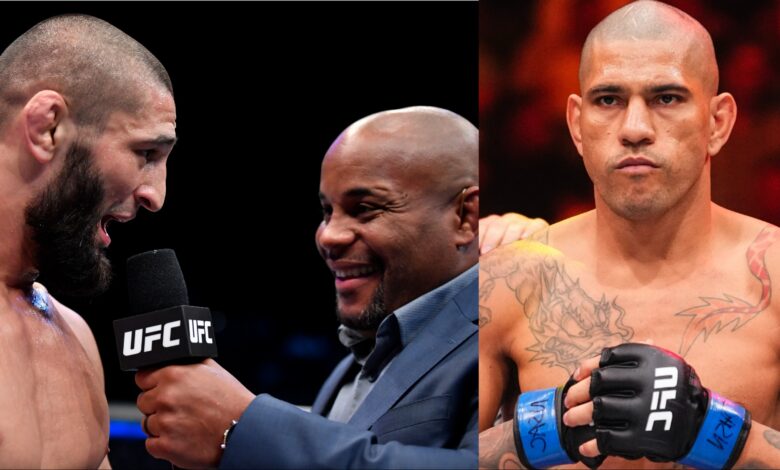 Khamzat Chimaev being interviewed by Daniel Cormier, opposite Alex Pereira