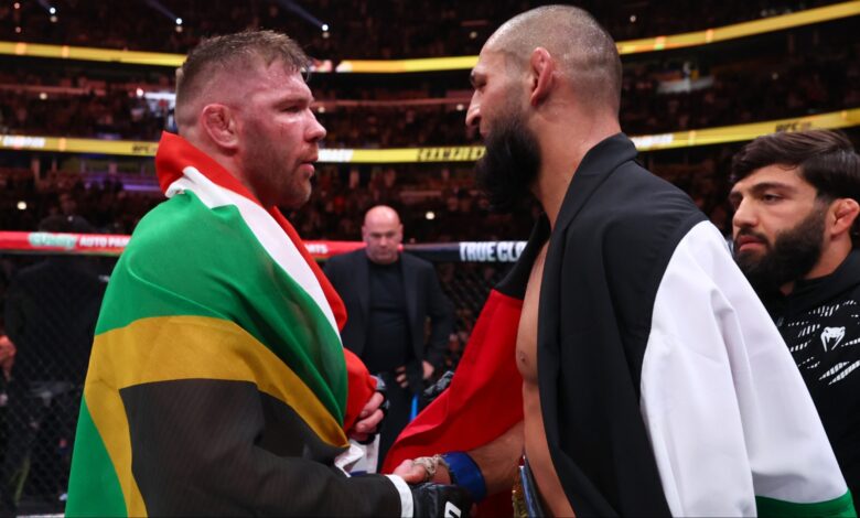 Dricus du Plessis congratulates Khamzat Chimaev after their fight at UFC 319