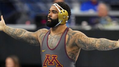 Gable Steveson celebrates a win at the NCAA Championships