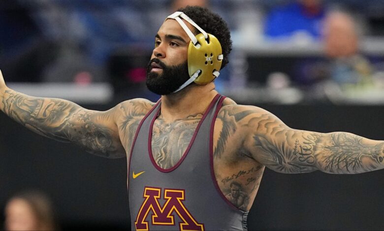 Gable Steveson celebrates a win at the NCAA Championships