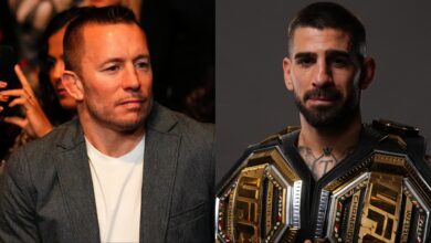 Georges St-Pierre in attendance at UFC 322, opposite Ilia Topuria